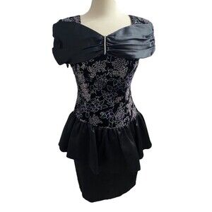 Vtg 80s Womens Ariana Black Peplum Dress Size 11 Juniors